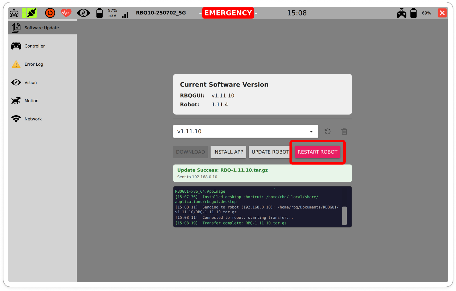 Robot update progress / success