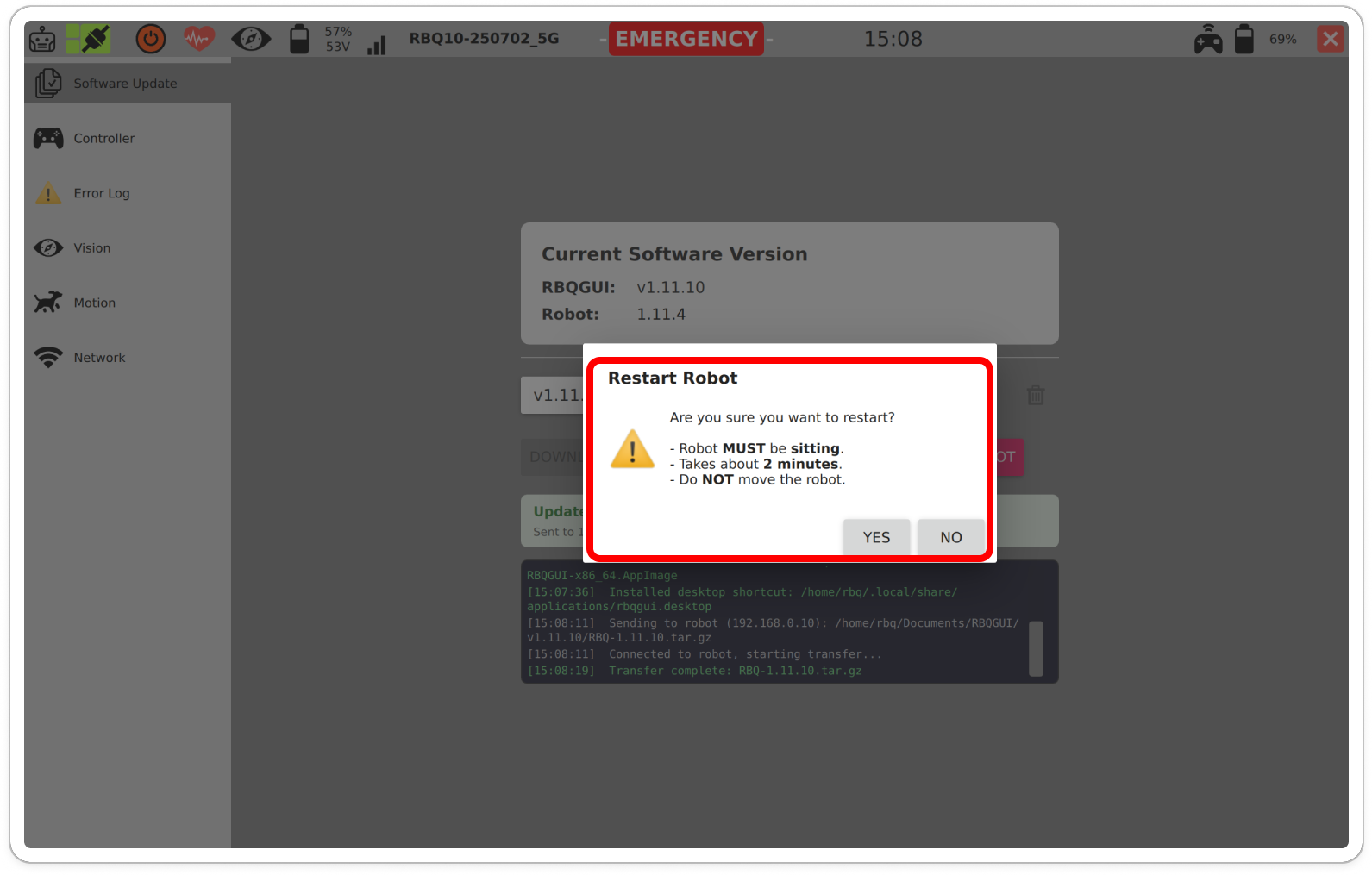 Restart Robot confirmation