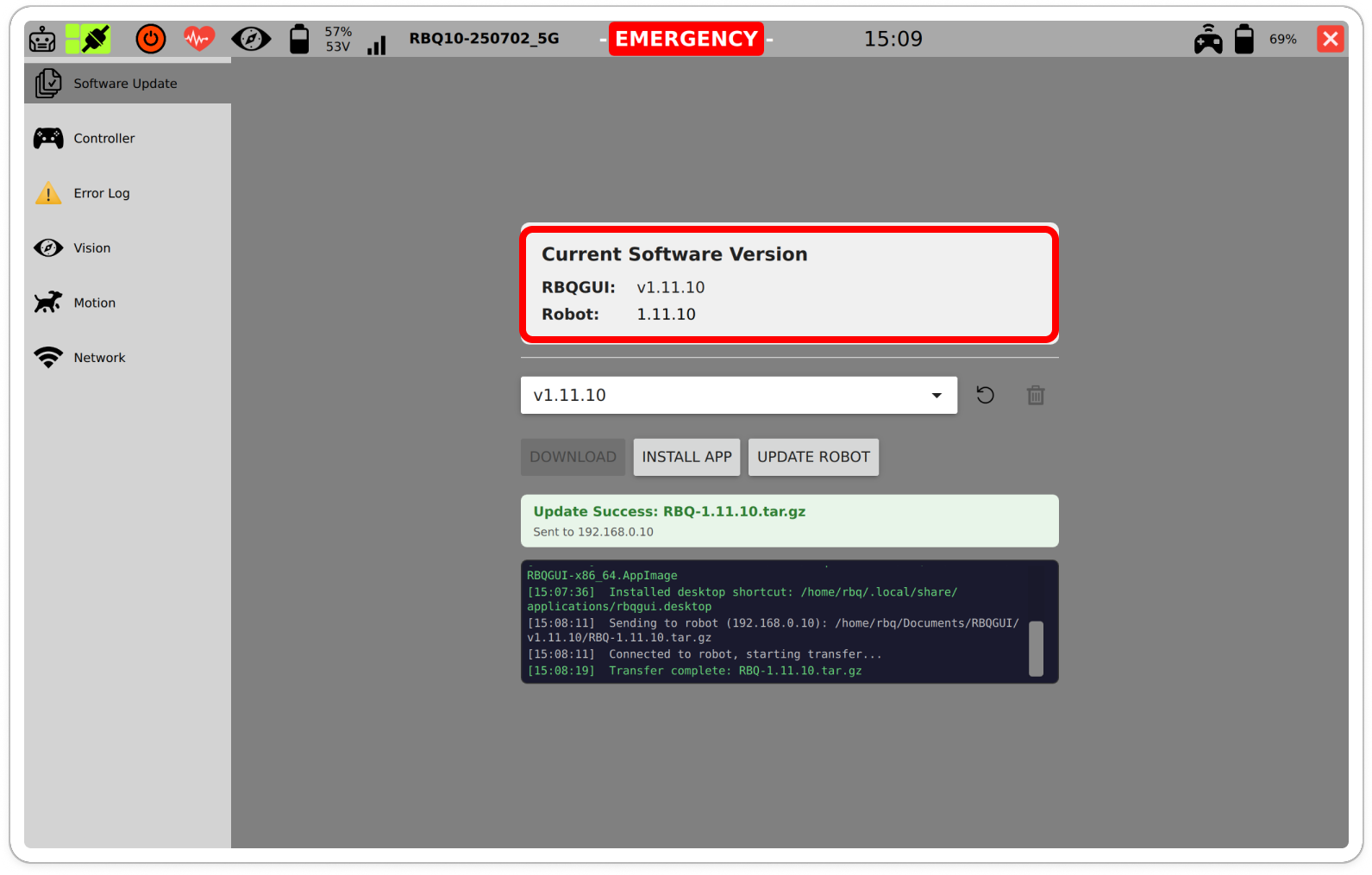Robot update complete confirmation