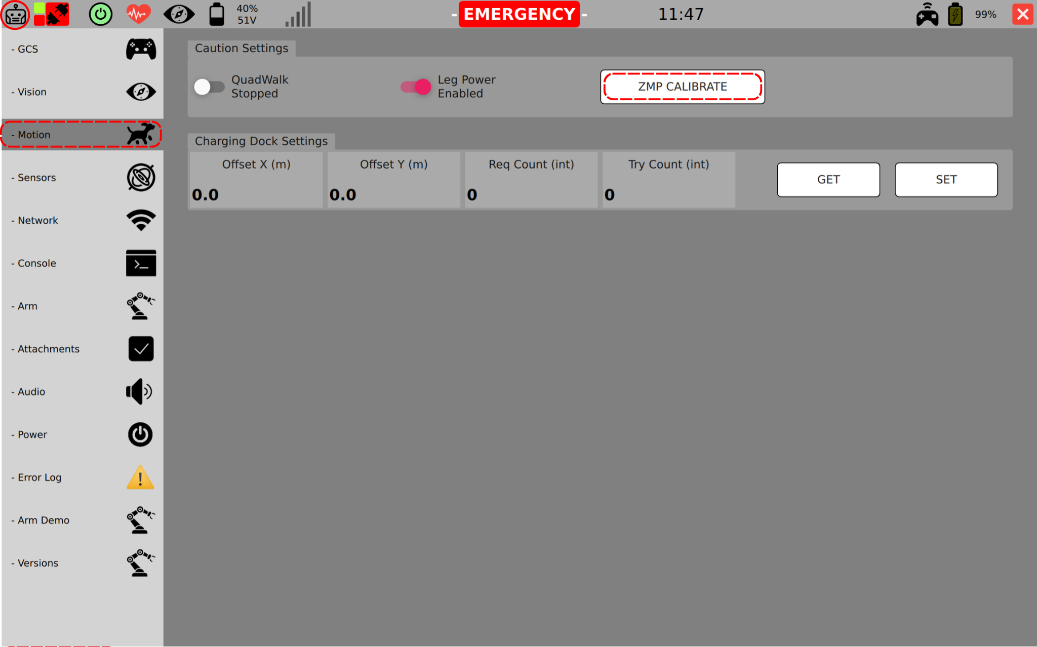 ZMP Calibration selection
