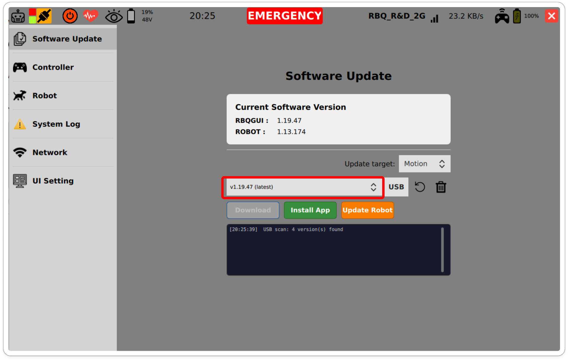 Scan result shown in the log pane