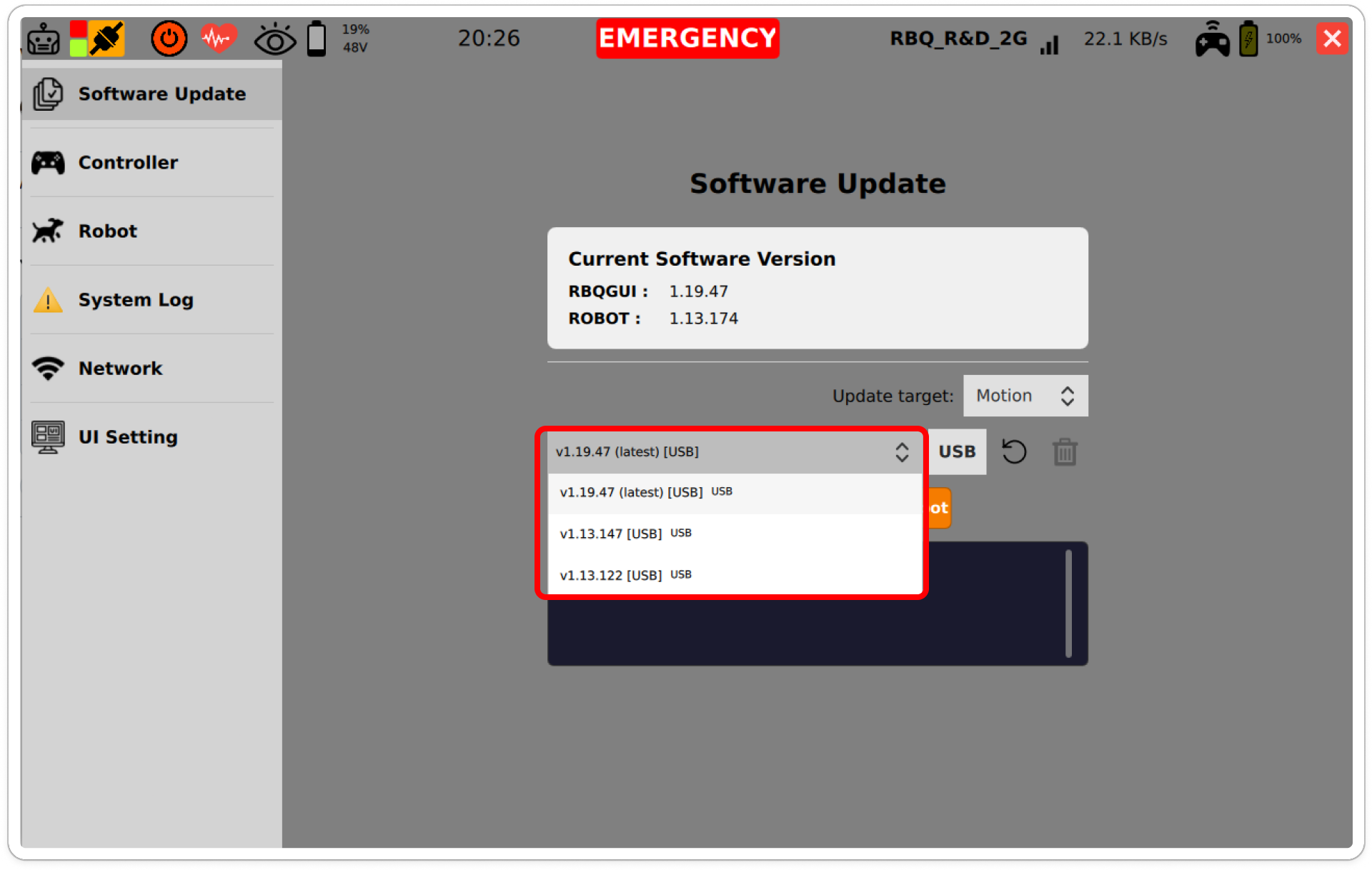 Version list with [USB] markers