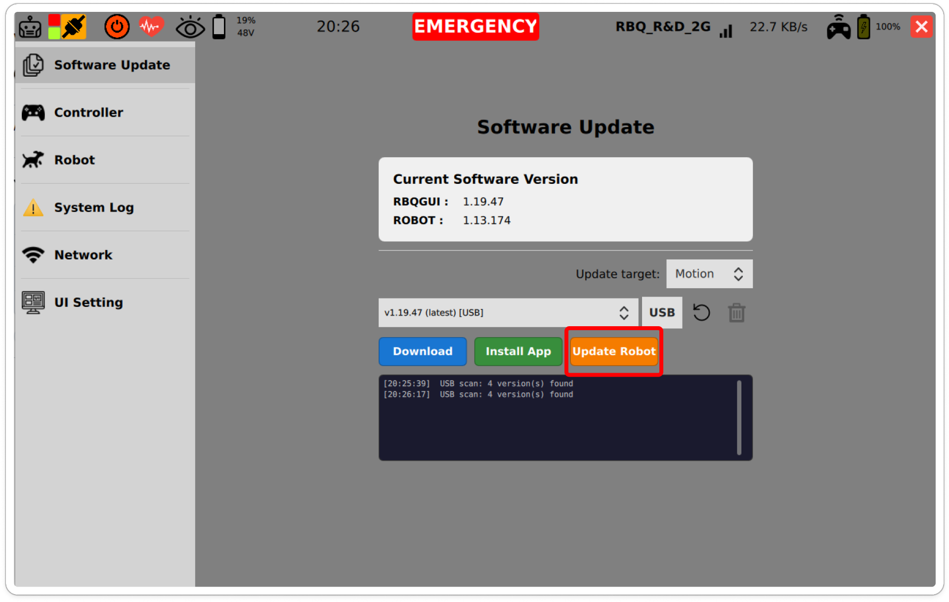 Update Robot button