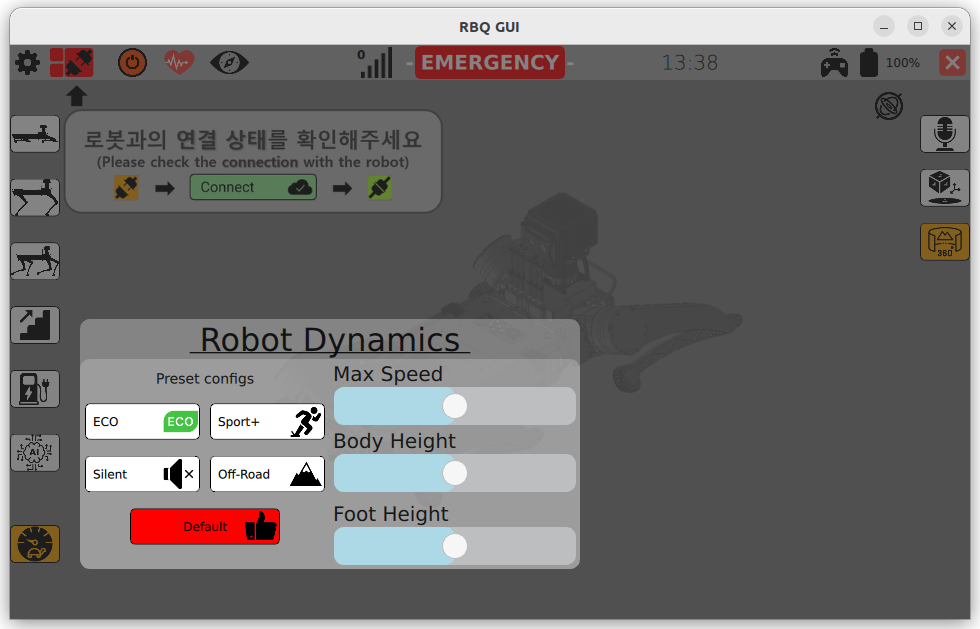 Walking parameter settings in GUI