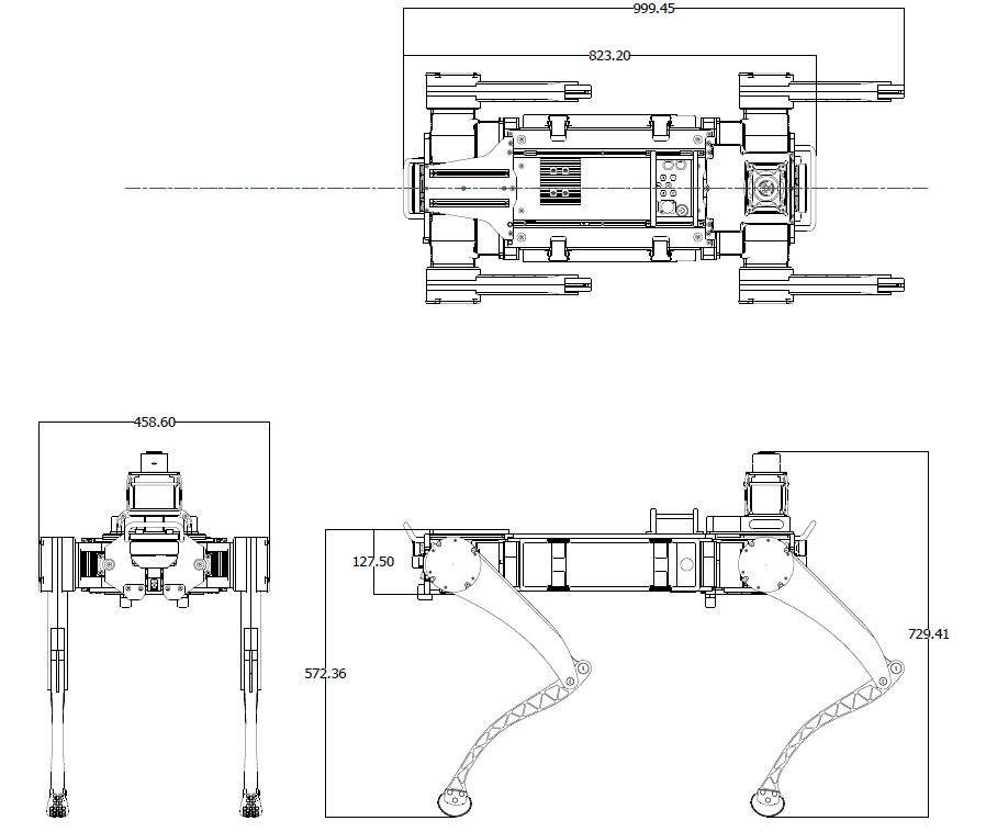 Top, front, and side views of RBQ with overall dimensions