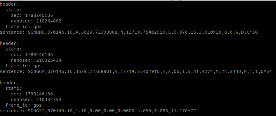 ros2 topic echo /rbq/gps/nmea output showing GNRMC, GNGGA and GNGST sentences