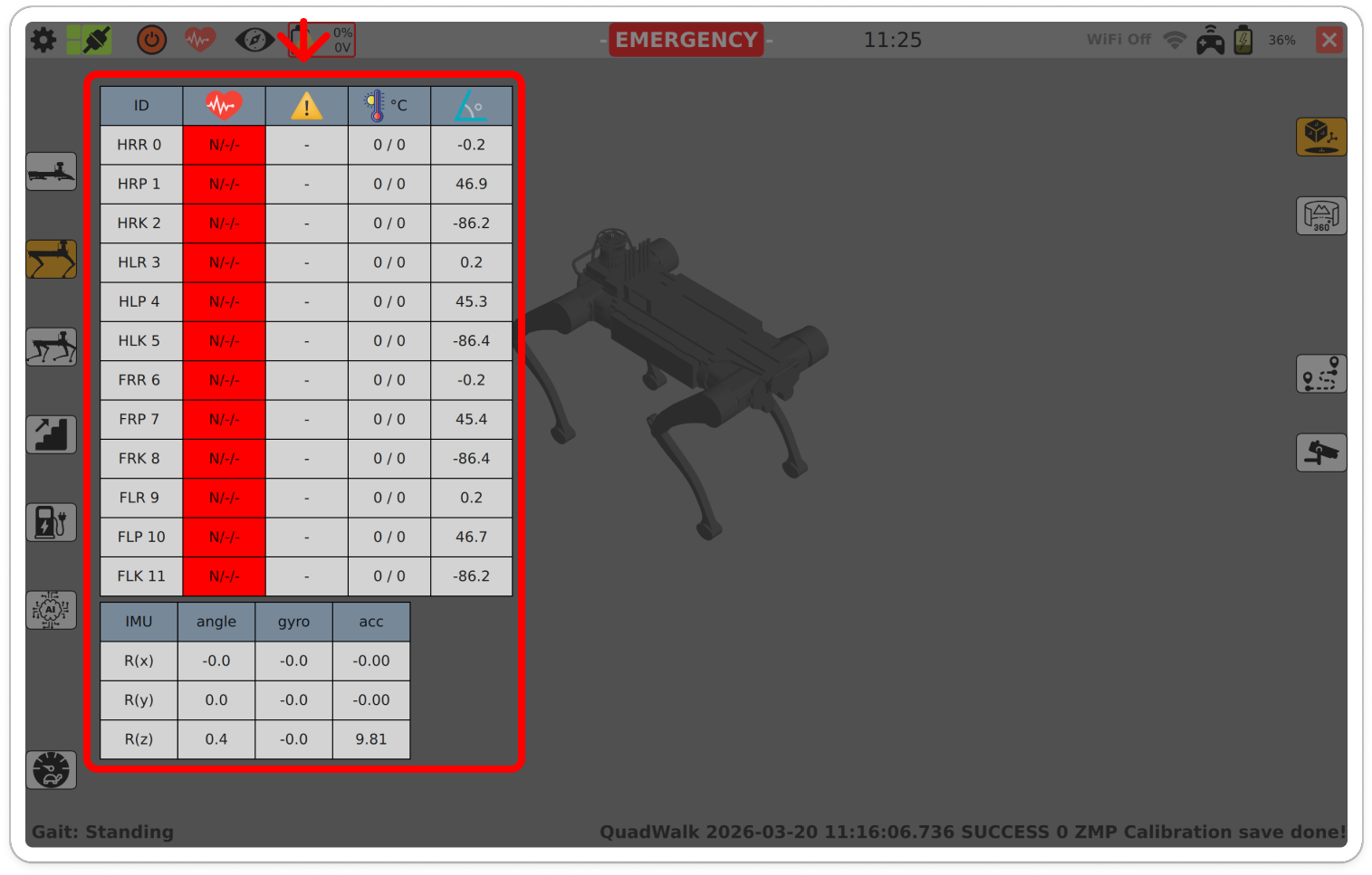 Joint and sensor diagnostics table