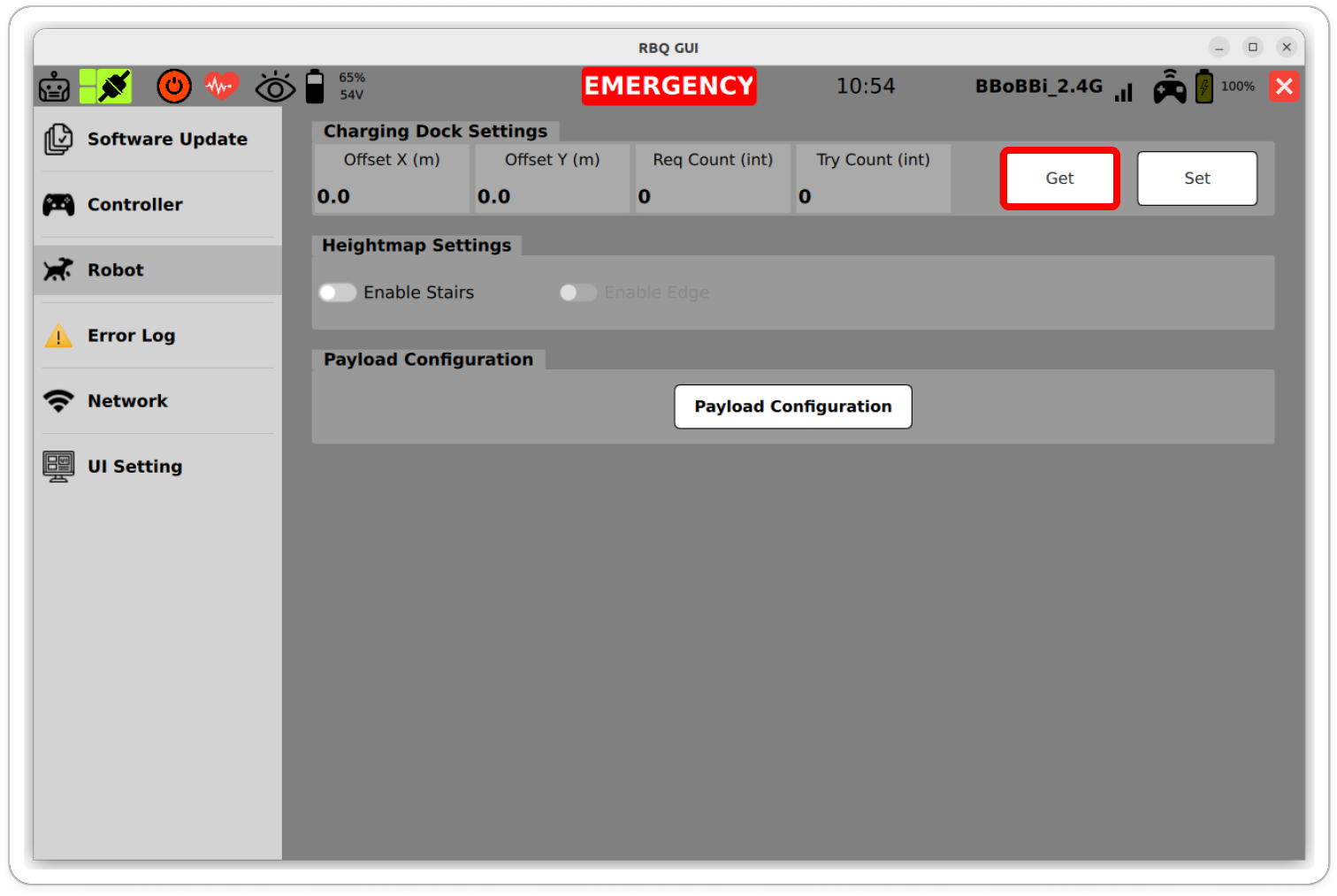 RBQGUI docking station settings screen 1