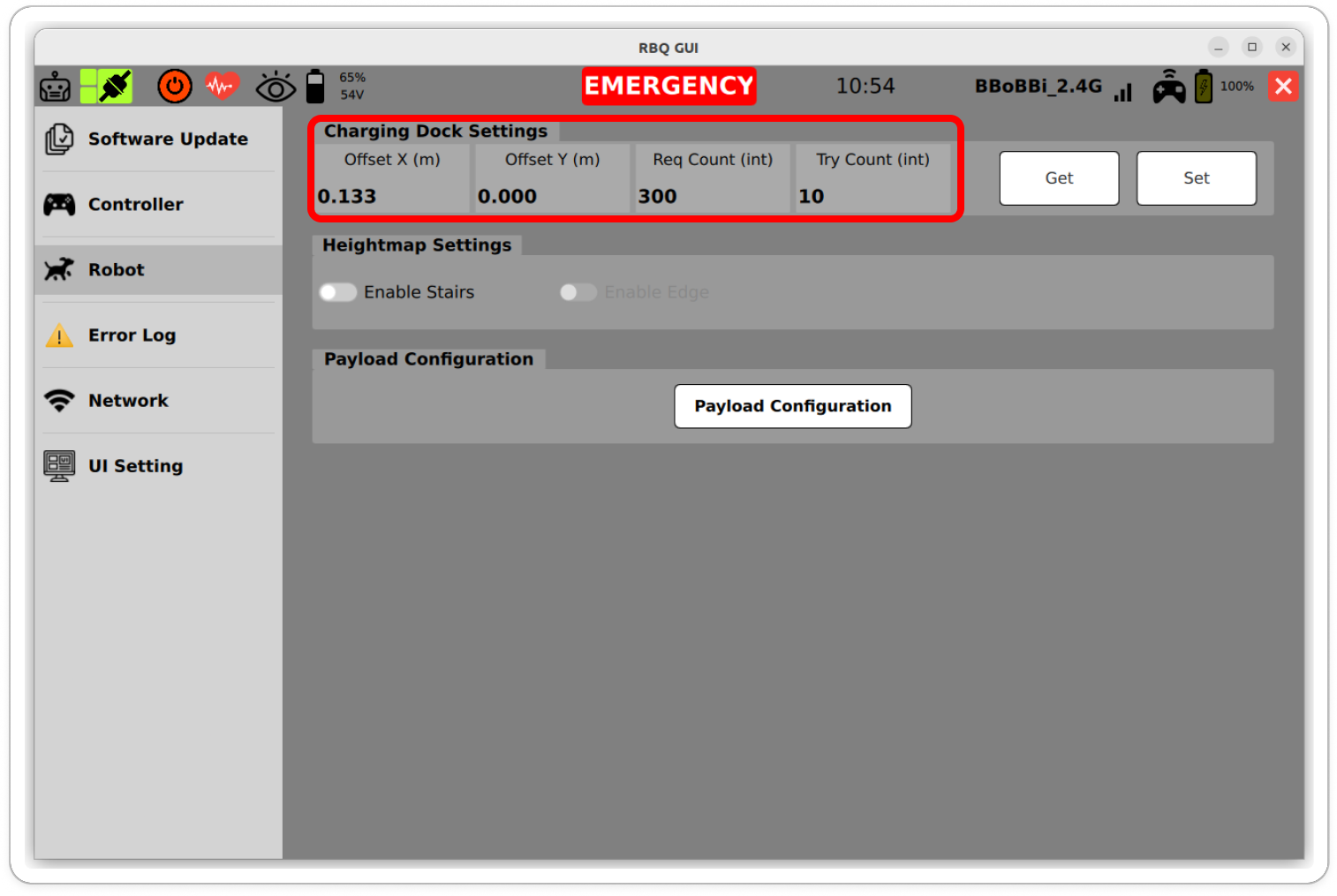 RBQGUI docking station settings screen 2
