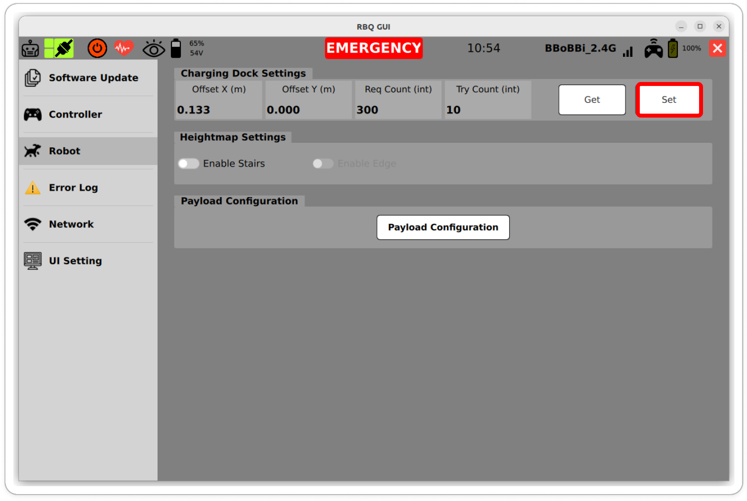 RBQGUI docking station settings screen 3